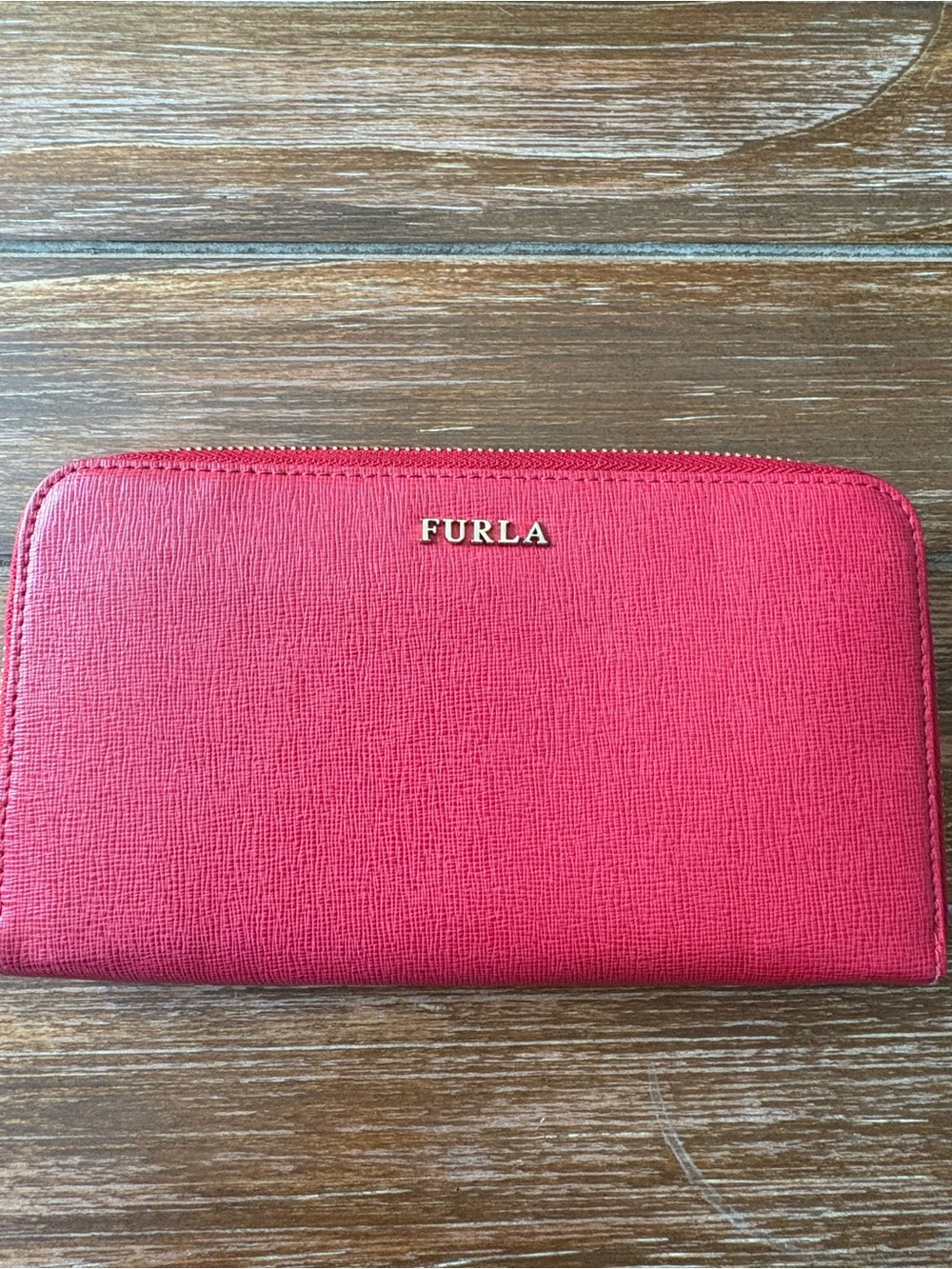 Furla Pink Saffiano Zip-Around Wallet with Gold Logo